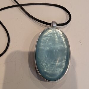 Blue Oval Pendant Necklace on Black Leather Cord